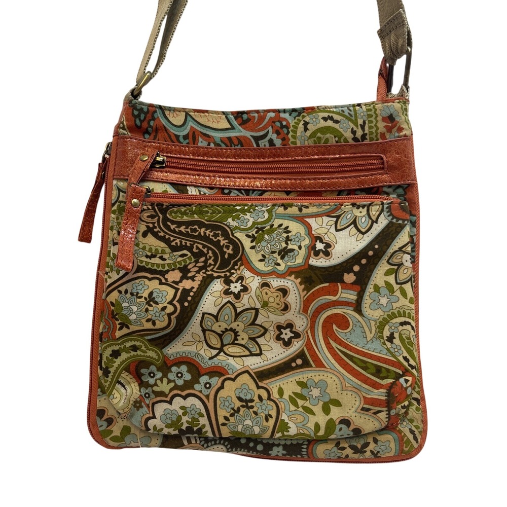 ALBA Paisley Crossbody Bag Women Orange Blue Green Leather Trim Adjustable Strap